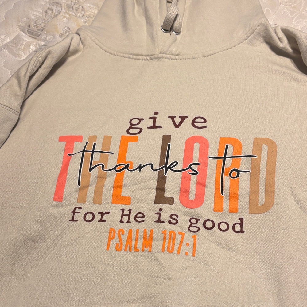 New never worn Love in Faith Beige Hoodie with Inspirational Print